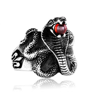 Bague homme gothique  serpent cobra tenant une orbe rouge