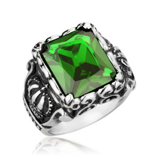 Bague homme gothique avec pierre vert emmeraude et couronnes royales