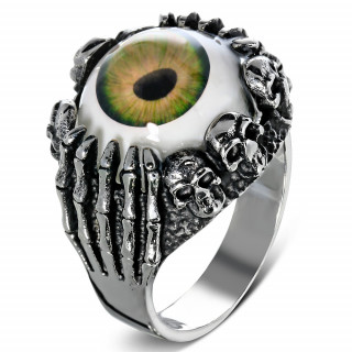 Bague homme gothique en acier  cranes, phalanges et oeil vert