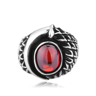 Bague homme gothique en acier à écailles et pierre rouge ovale