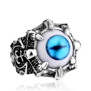 Bague homme gothique en acier  oeil dmoniaque bleu et ornements infernaux