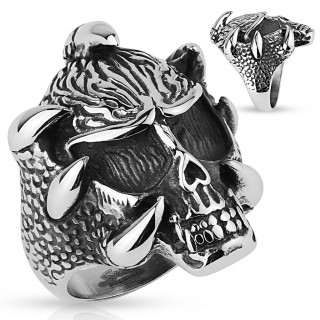 Bague homme gothique en acier  patte de dragon tenant un crane