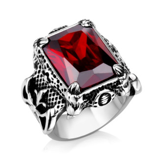 Bague homme gothique en acier  pierre carre rouge, griffes et fleur de lys