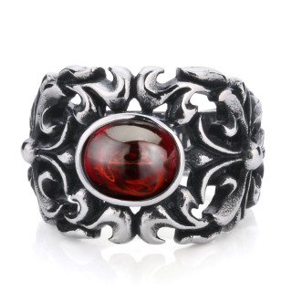 Bague homme gothique en acier  pierre ovale rouge et croix