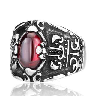 Bague homme gothique en acier  reliefs mystrieux et pierre rouge ovale