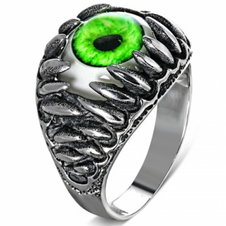 Bague homme gothique en acier avec crocs et oeil vert acide