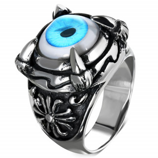 Bague homme gothique en acier avec griffes et oeil bleu