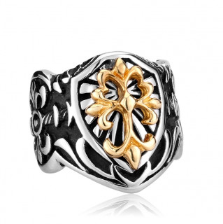 Bague homme gothique en acier vieilli avec croix dore  fleurs de lys