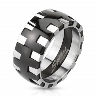 Bague homme large en acier noir et gris style mcanisme