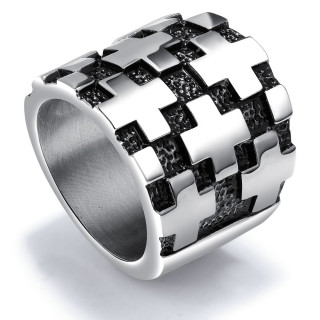 Bague homme large en acier  parterre de croix