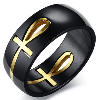 Bague homme noir en acier à Ankh doré