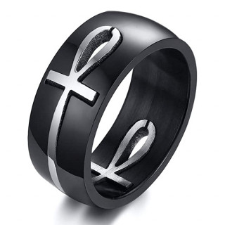 Bague homme noir en acier  Ankh inox