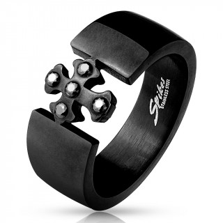 Bague homme noir en acier avec croix mdivale sertie