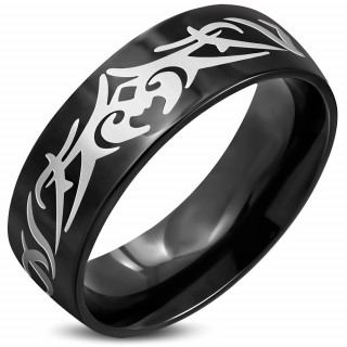 Bague homme noire acier  motif tribal