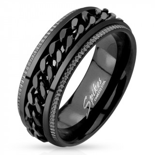 Bague homme noire anti-stress en acier avec chaine et bords dents