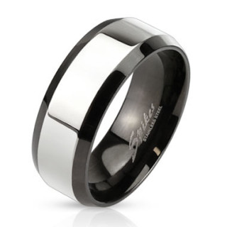 Bague homme noire en acier  bande argente et bords biseauts