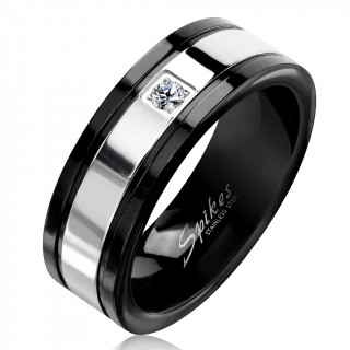 Bague homme noire en acier  bande sertie argente