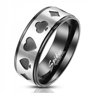 Bague homme noire en acier  bandeau poker gris bross