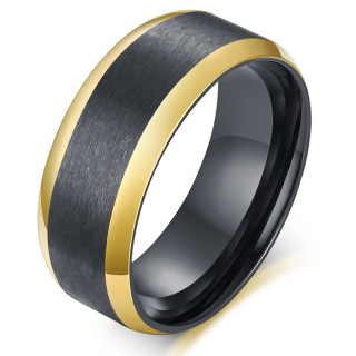 Bague homme noire en acier  bords biseauts dors