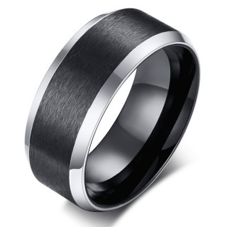 Bague homme noire en acier  bords biseauts gris