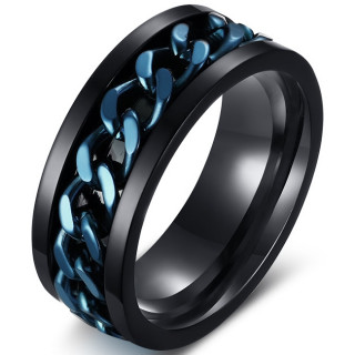 Bague homme noire en acier à chaine bleue