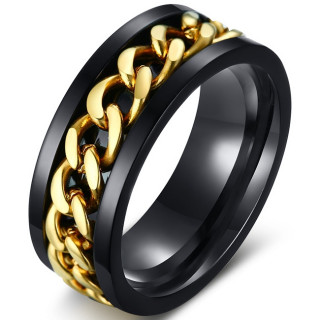 Bague homme noire en acier  chaine dore