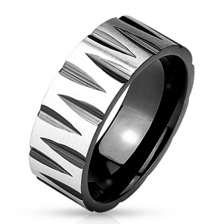 Bague homme noire en acier  encoches en pointes