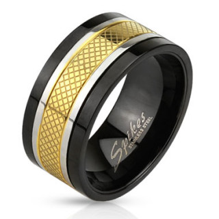 Bague homme noire en acier  grille dore et bordures argentes