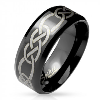 Bague homme noire en acier  motif chaine tribale