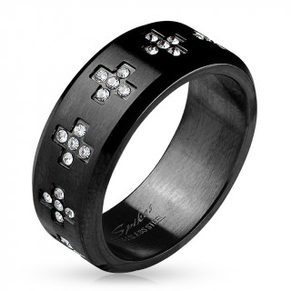 Bague homme noire en acier  pourtour de croix zirconium