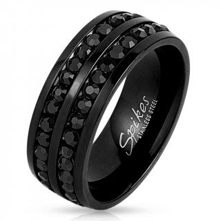 Bague homme noire en acier  sillons pavs de pierres