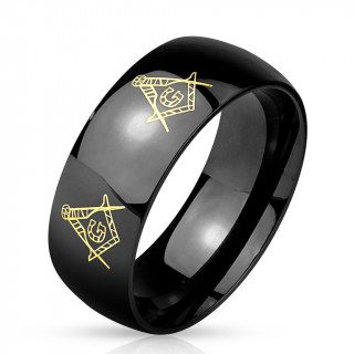 Bague homme noire en acier  symboles maoniques