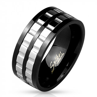 Bague homme noire en acier  anneaux anti-stress crants argents