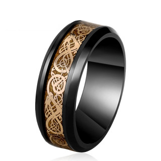 Bague homme noire en acier avec bande cuivre  dragons calligraphis