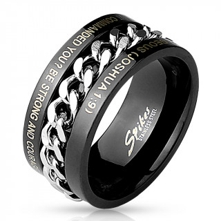 Bague homme noire en acier avec chaine et gravure biblique