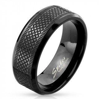 Bague homme noire en acier avec croissillons bords de traits