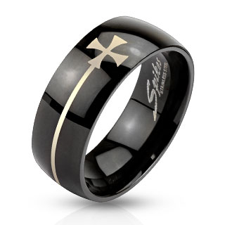 Bague homme noire en acier avec croix de Malte et liseret