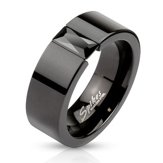 Bague homme noire en acier avec large pierre rectangulaire