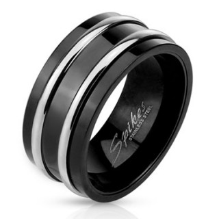 Bague homme noire en acier avec lignes argentes