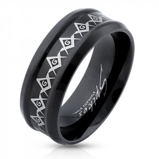 Bague homme noire en acier avec symboles franc-maçons
