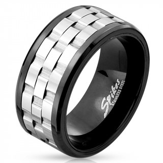 Bague homme noire en acier avec trio de bandeaux anti-stress crants