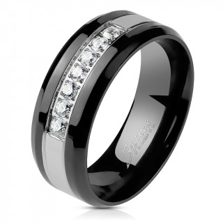 Bague homme noire en acier  bande grise pave de pierres