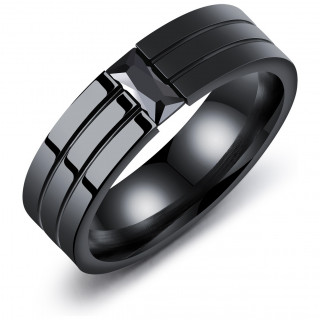 Bague homme noire en acier à 3 bandes et pierre rectangulaire