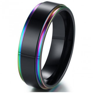 Bague homme noire en acier  bords arc en ciel