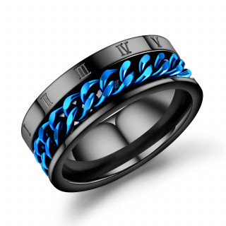 Bague homme noire en acier  chaine bleue et chiffres romains