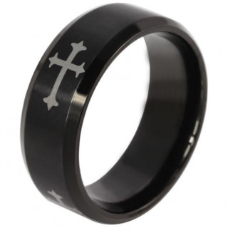 Bague homme noire en acier  croix et bords biseauts