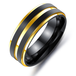 Bague homme noire en acier  lignes dores