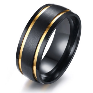 Bague homme noire en acier  liserets dors