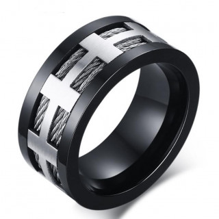 Bague homme noire en acier  pourtour de filins et grille