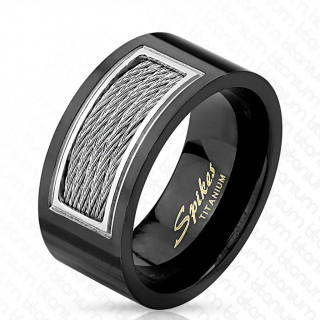 Bague homme noire en titane avec rectangle de cables mtalliques